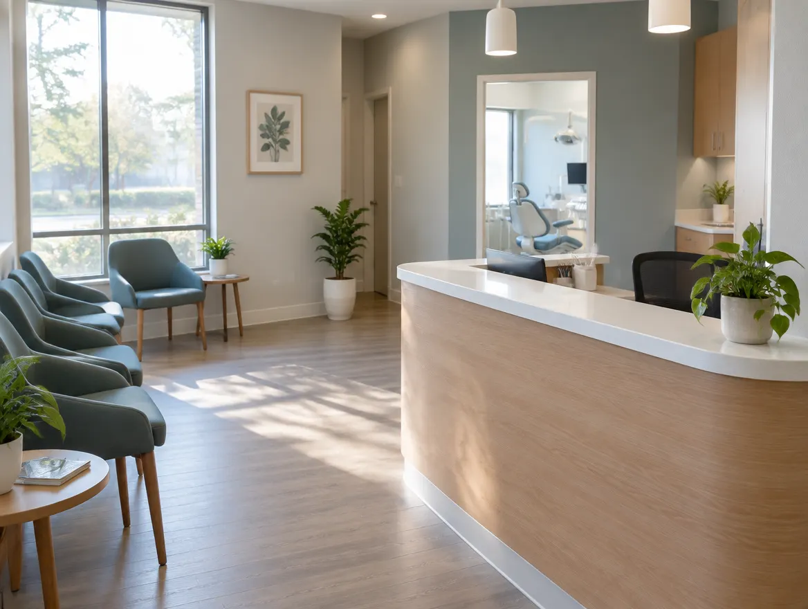 Comptoir d’accueil vide d’une petite clinique dentaire avant l’ouverture