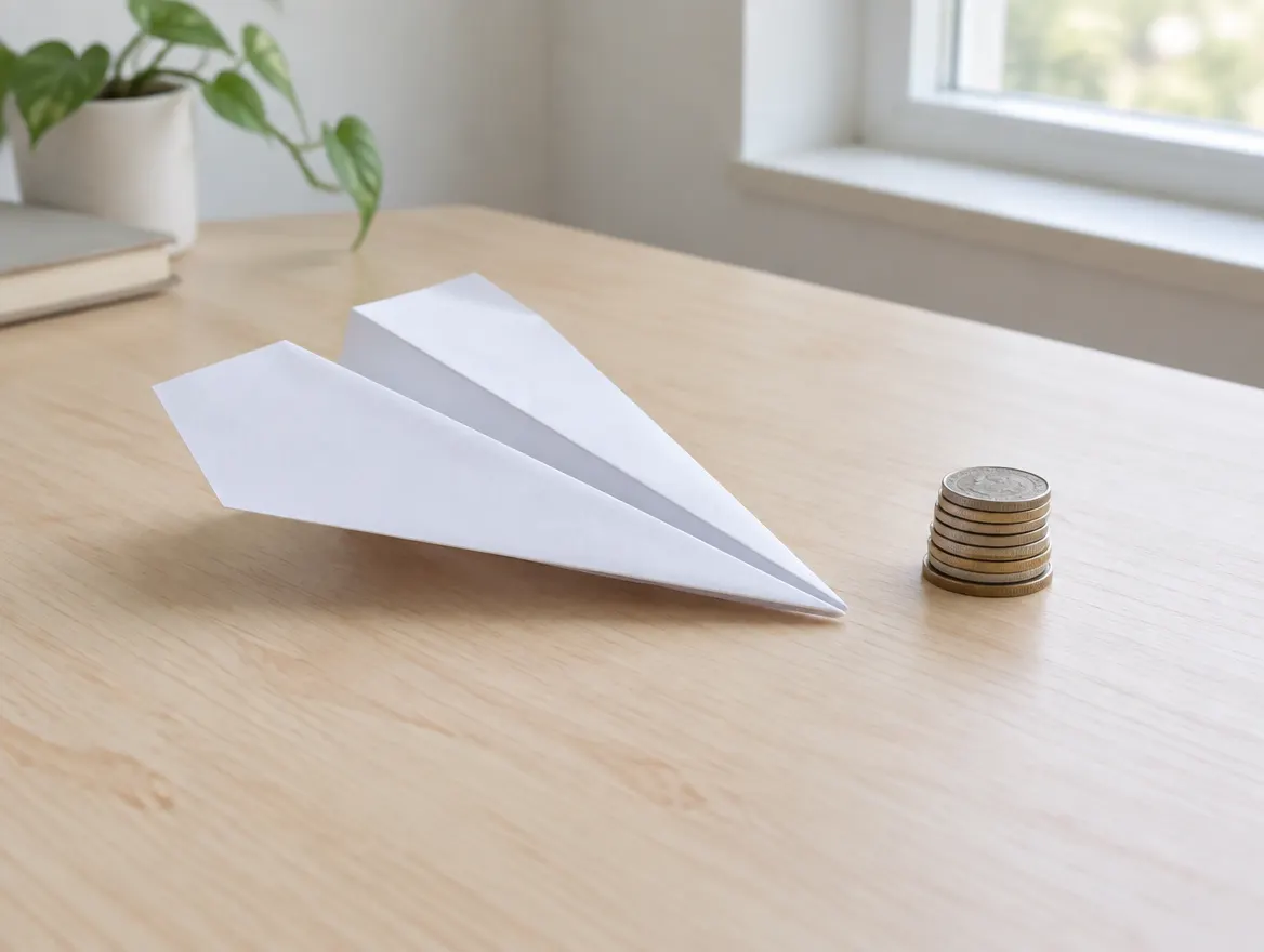 Avion en papier posé sur un bureau à côté d’une petite pile de pièces