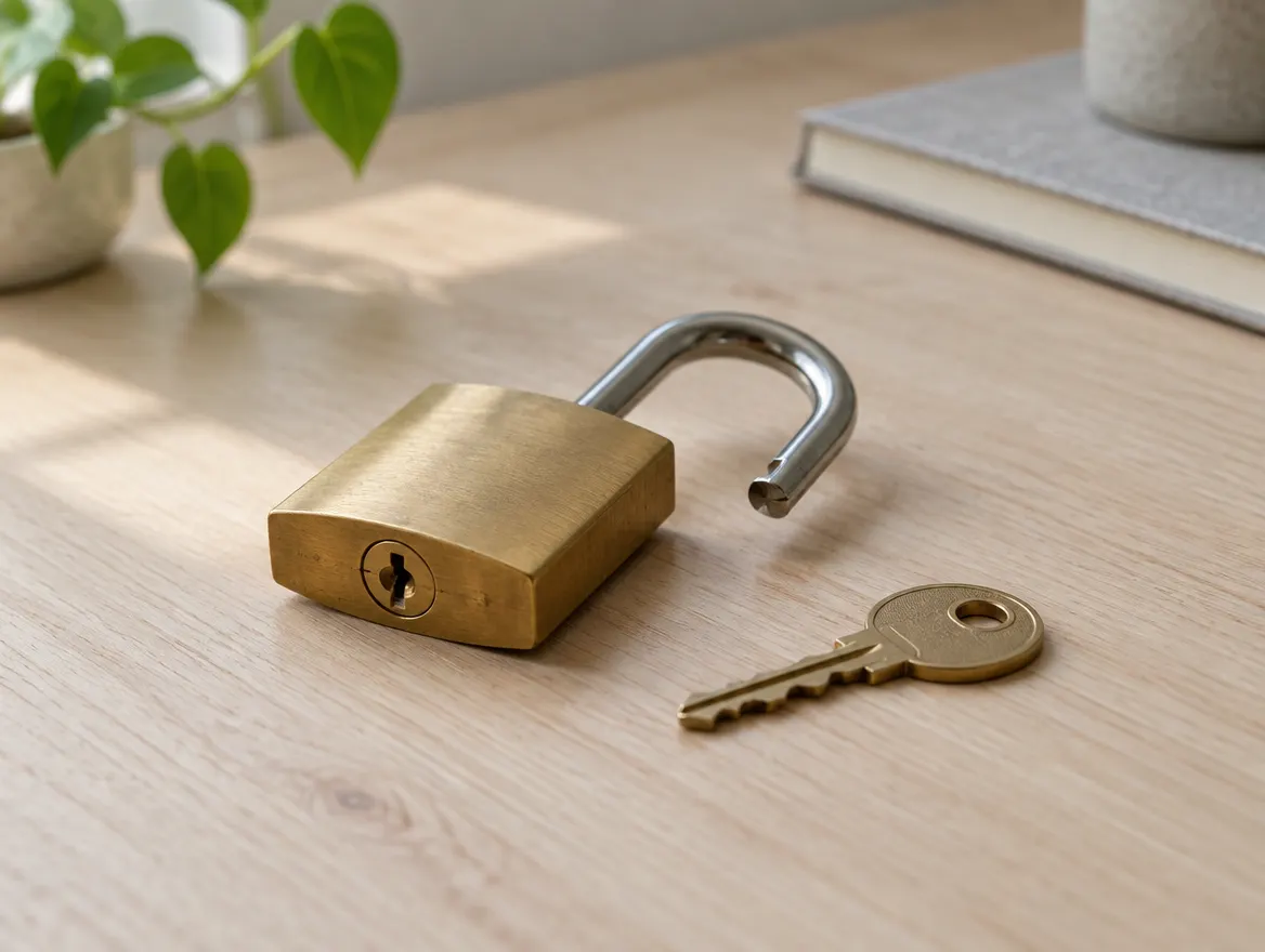 Cadenas en laiton ouvert posé sur un bureau à côté de sa clé