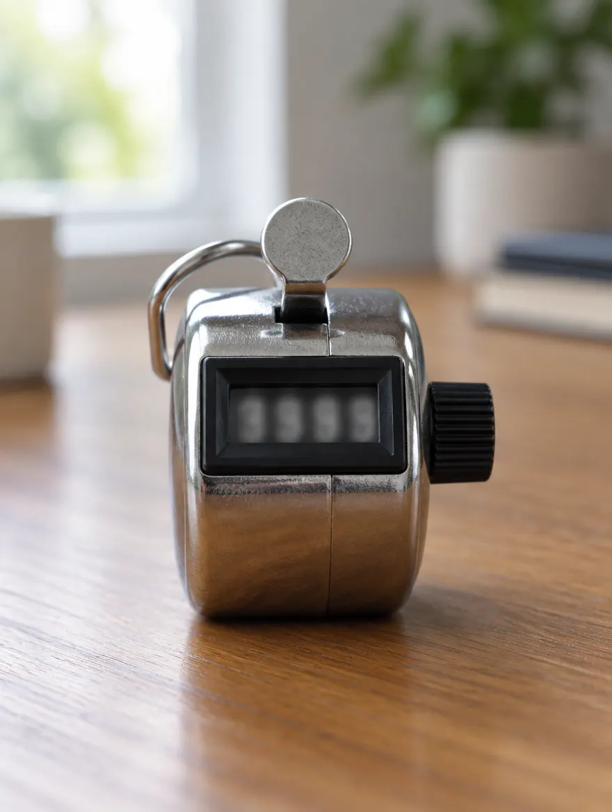 Compteur manuel en métal posé sur un bureau, pour compter les conversions