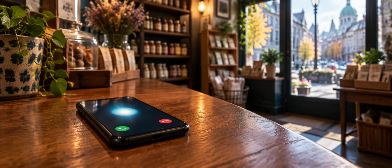 Téléphone posé sur le comptoir d’un petit commerce montréalais, écran allumé par un appel