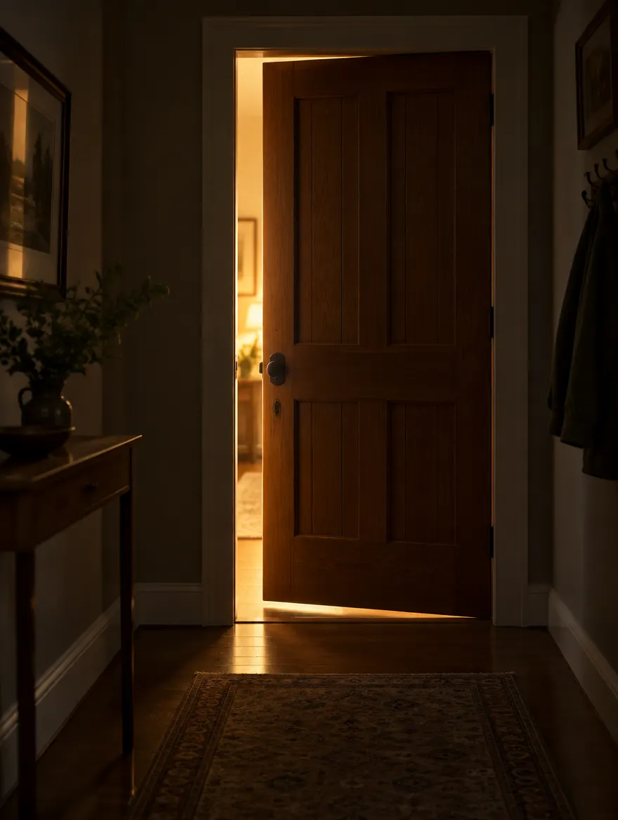 Porte d’entrée entrouverte laissant passer une lumière chaude