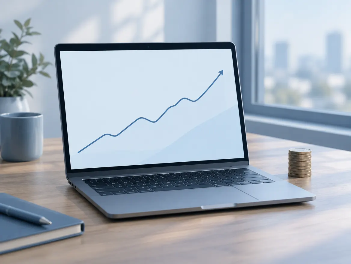 Portable affichant une courbe simple en hausse, à côté d’une petite pile de pièces