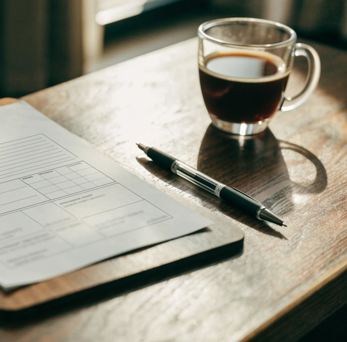 Formulaire vierge sur une planchette, un stylo et un café sur une table en bois