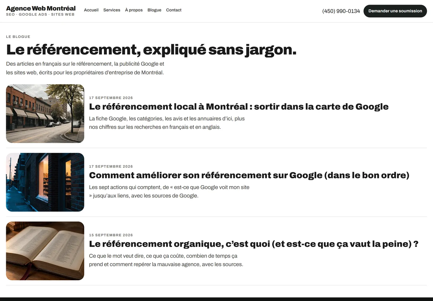 Capture d’écran de notre blogue, avec trois articles en français
