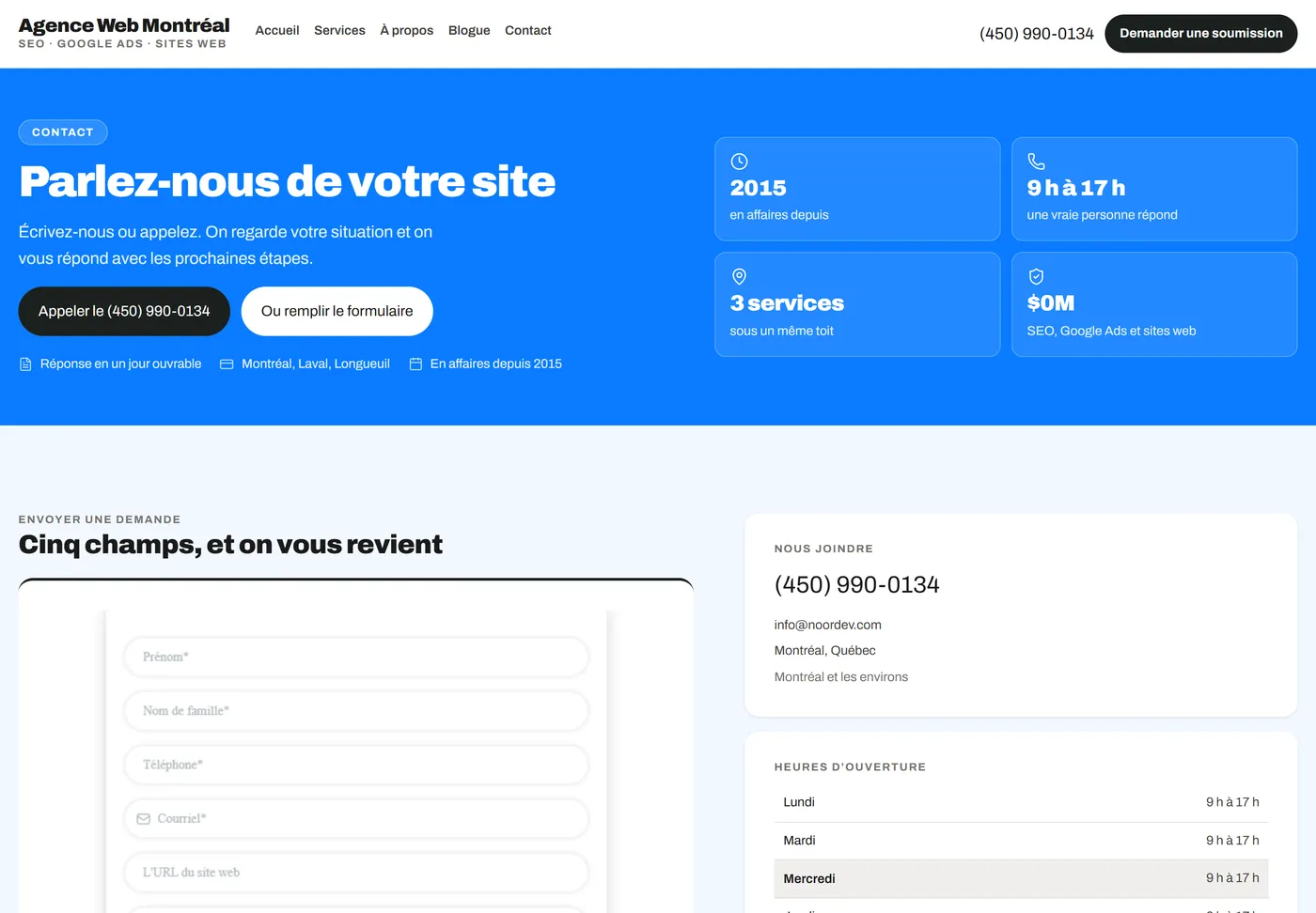 Capture d’écran de notre page contact, avec le formulaire et les heures d’ouverture