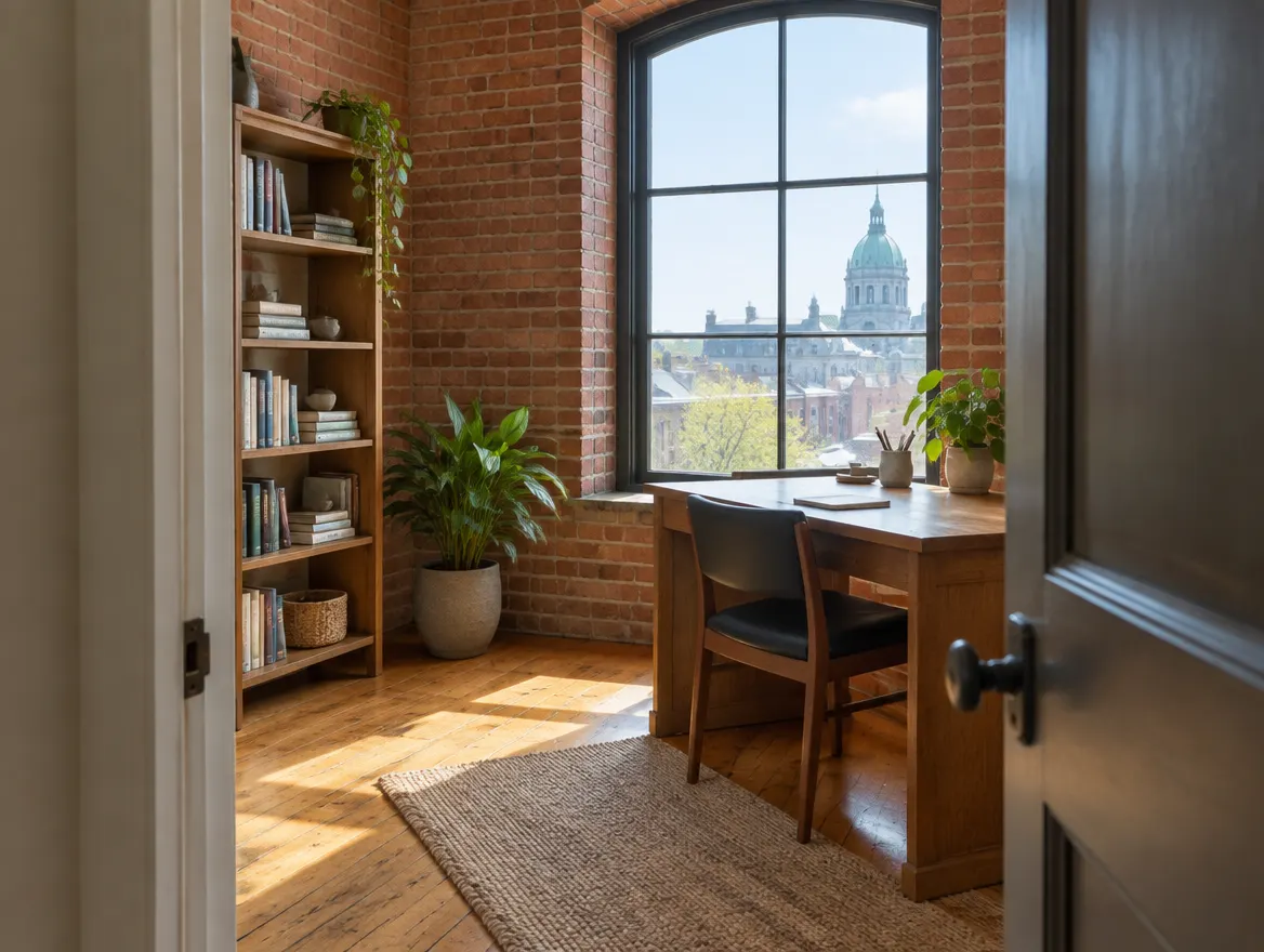 Petit bureau lumineux dans un immeuble de brique, vu depuis la porte
