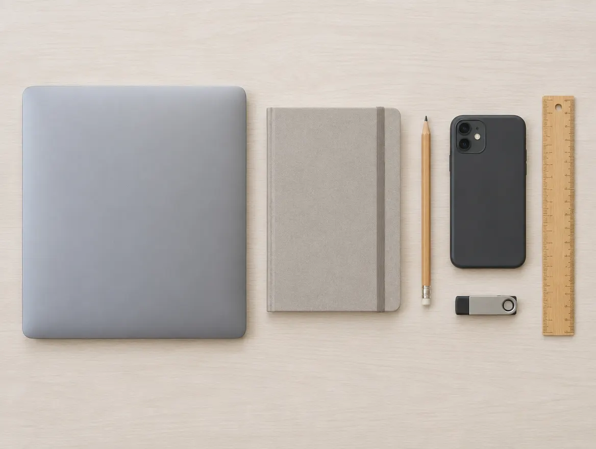 Portable, carnet, crayon, téléphone, clé USB et règle alignés sur un bureau