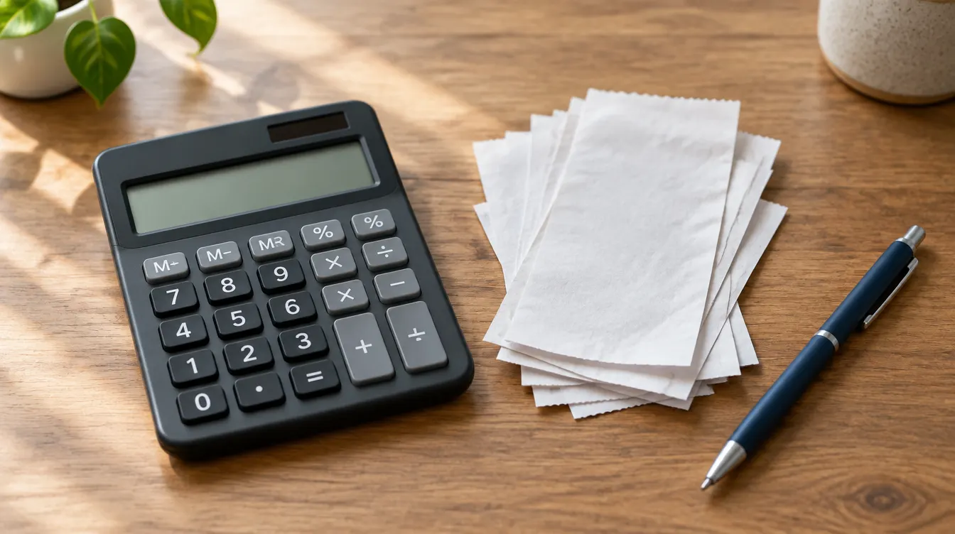 Calculatrice de bureau à côté d’une pile de reçus et d’un stylo