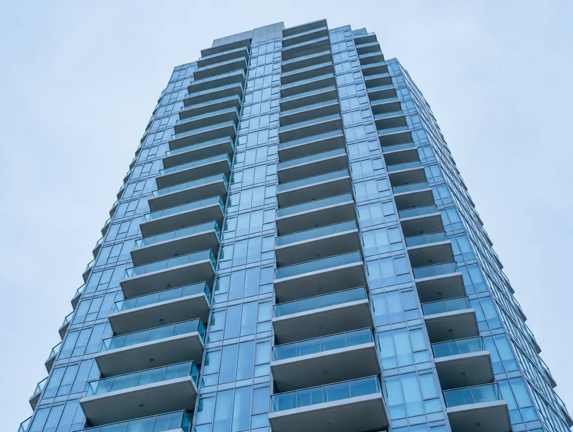 Tour de condos en verre du centre-ville, vue d’en bas