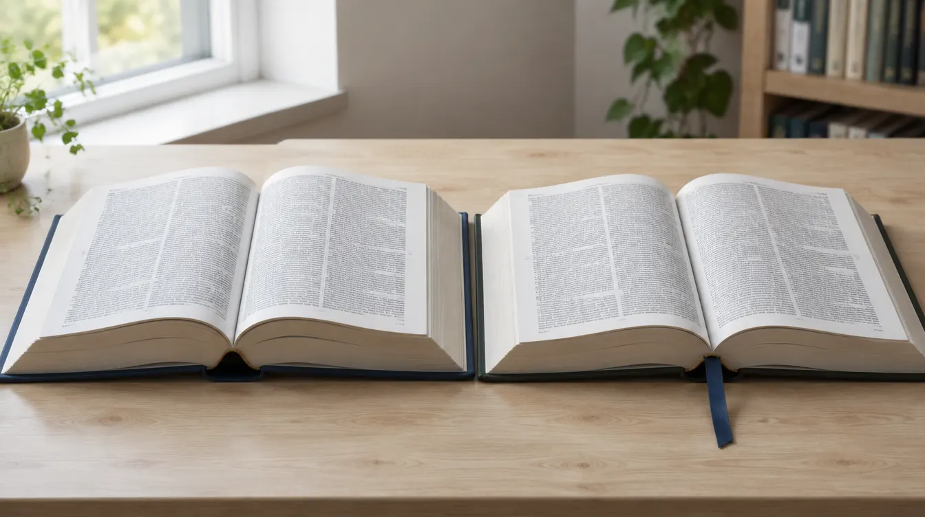 Deux gros dictionnaires ouverts côte à côte sur une table