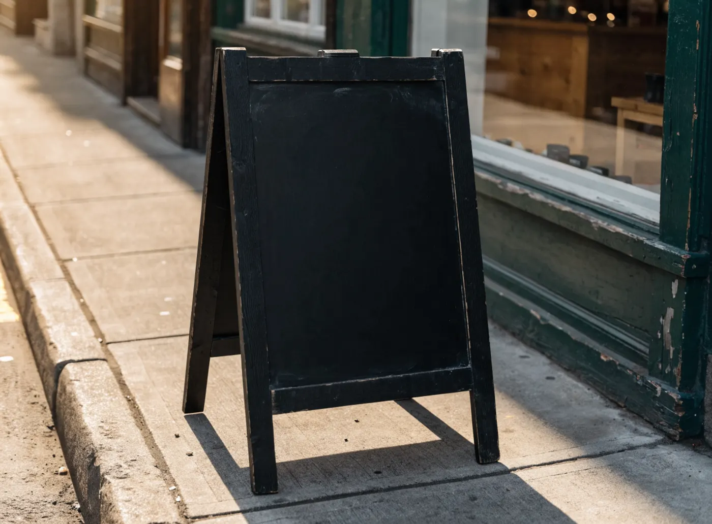 Ardoise vierge sur pied posée sur le trottoir devant la vitrine d’un petit café