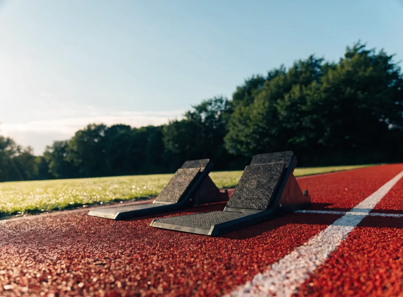 Blocs de départ vides sur une piste d’athlétisme rouge, le matin