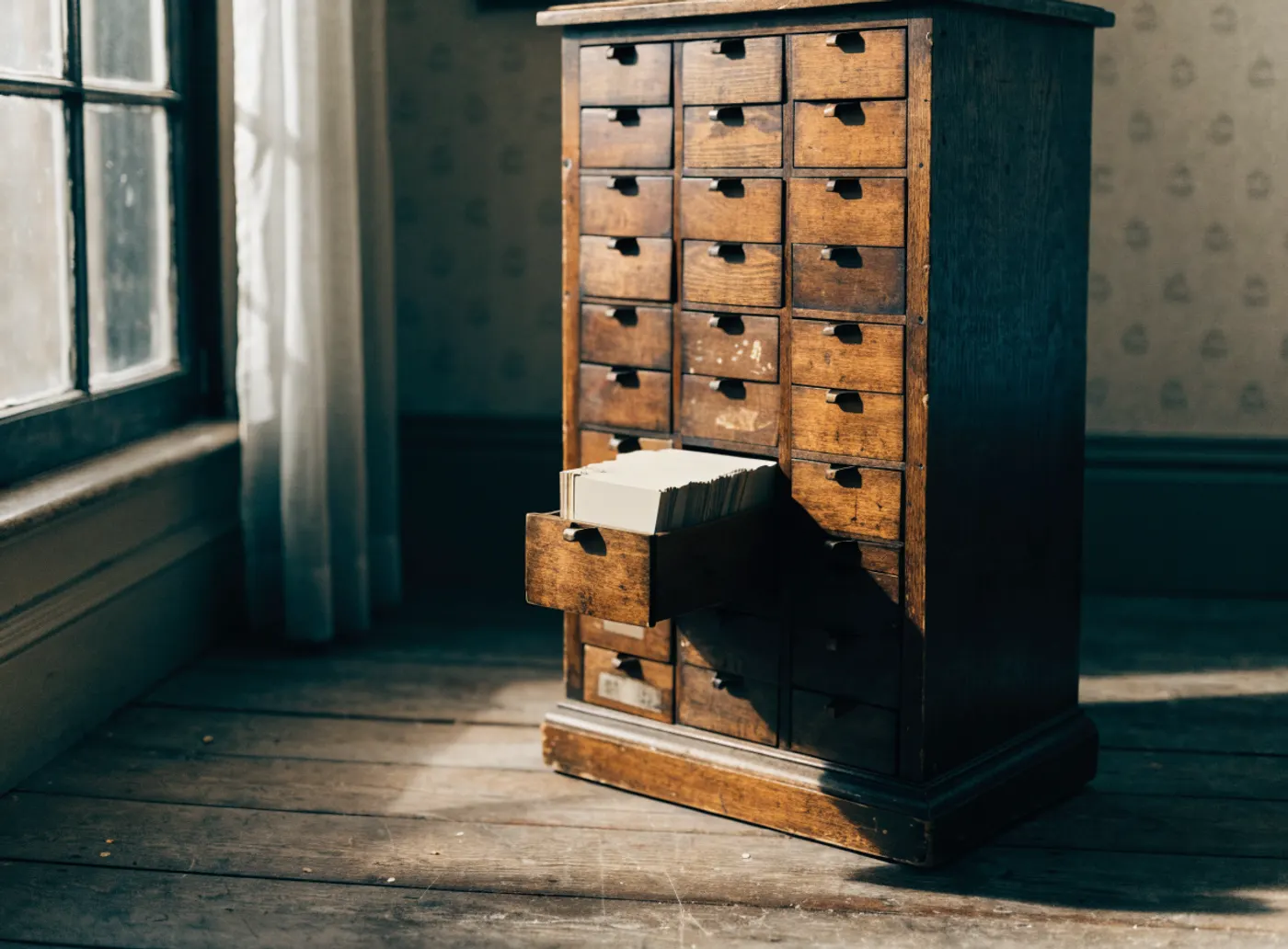 Ancien meuble de fiches de bibliothèque en bois, un tiroir ouvert rempli de fiches vierges