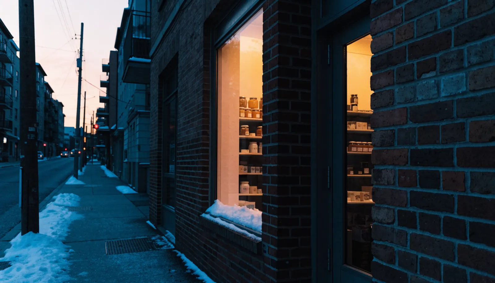 Petit commerce de quartier dans un immeuble de brique à Montréal, vitrine éclairée à la tombée du jour