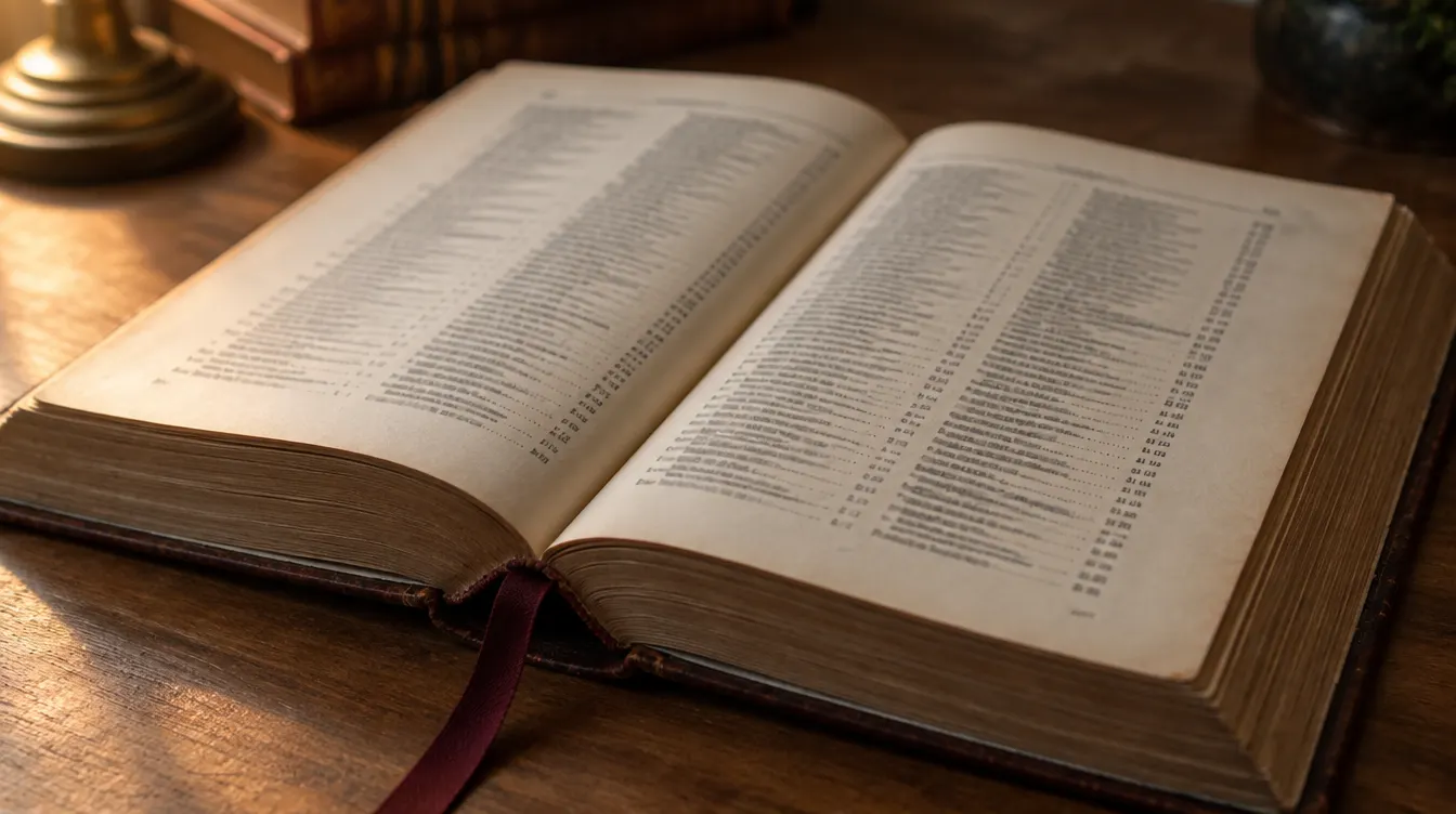 Pages d’index au fond d’un gros livre de référence ouvert sur une table