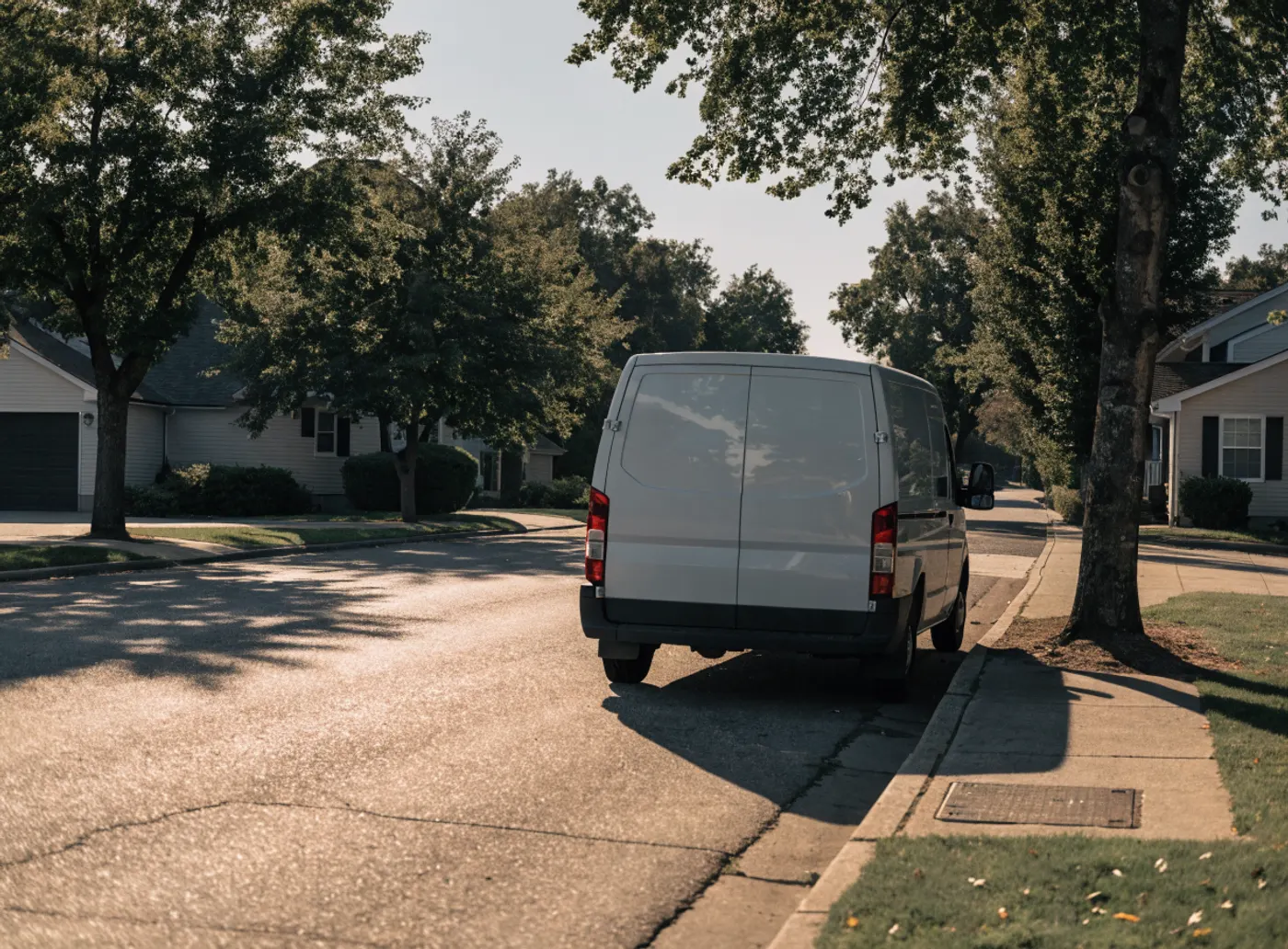 Camionnette de travail blanche stationnée dans une rue résidentielle bordée d’arbres