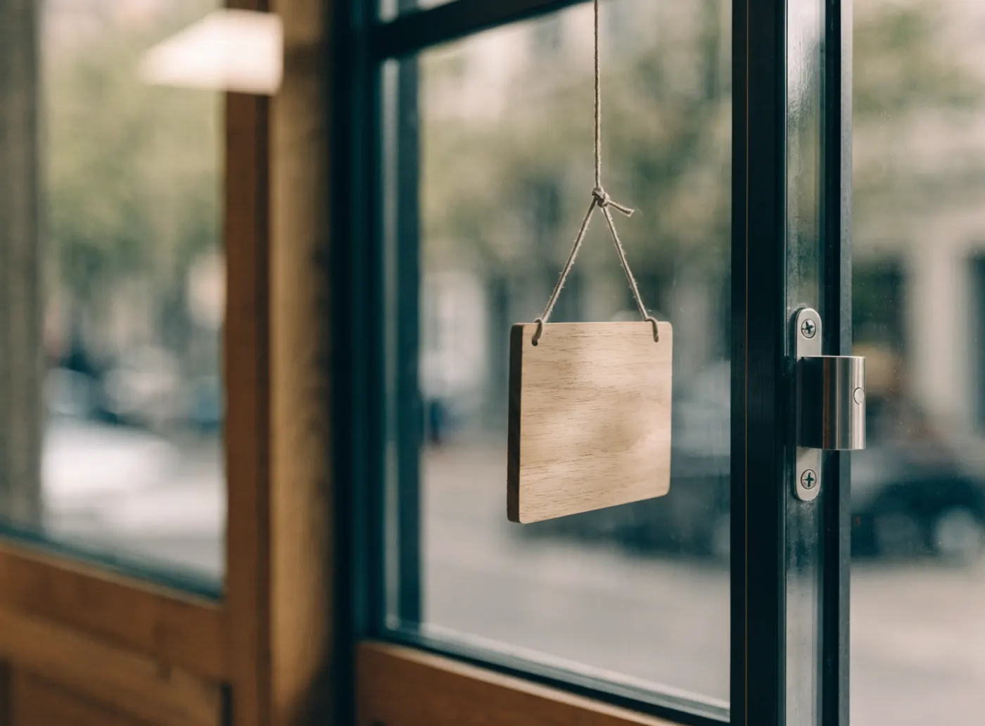 Petite pancarte de bois vierge suspendue à une porte vitrée de commerce, vue de l’intérieur