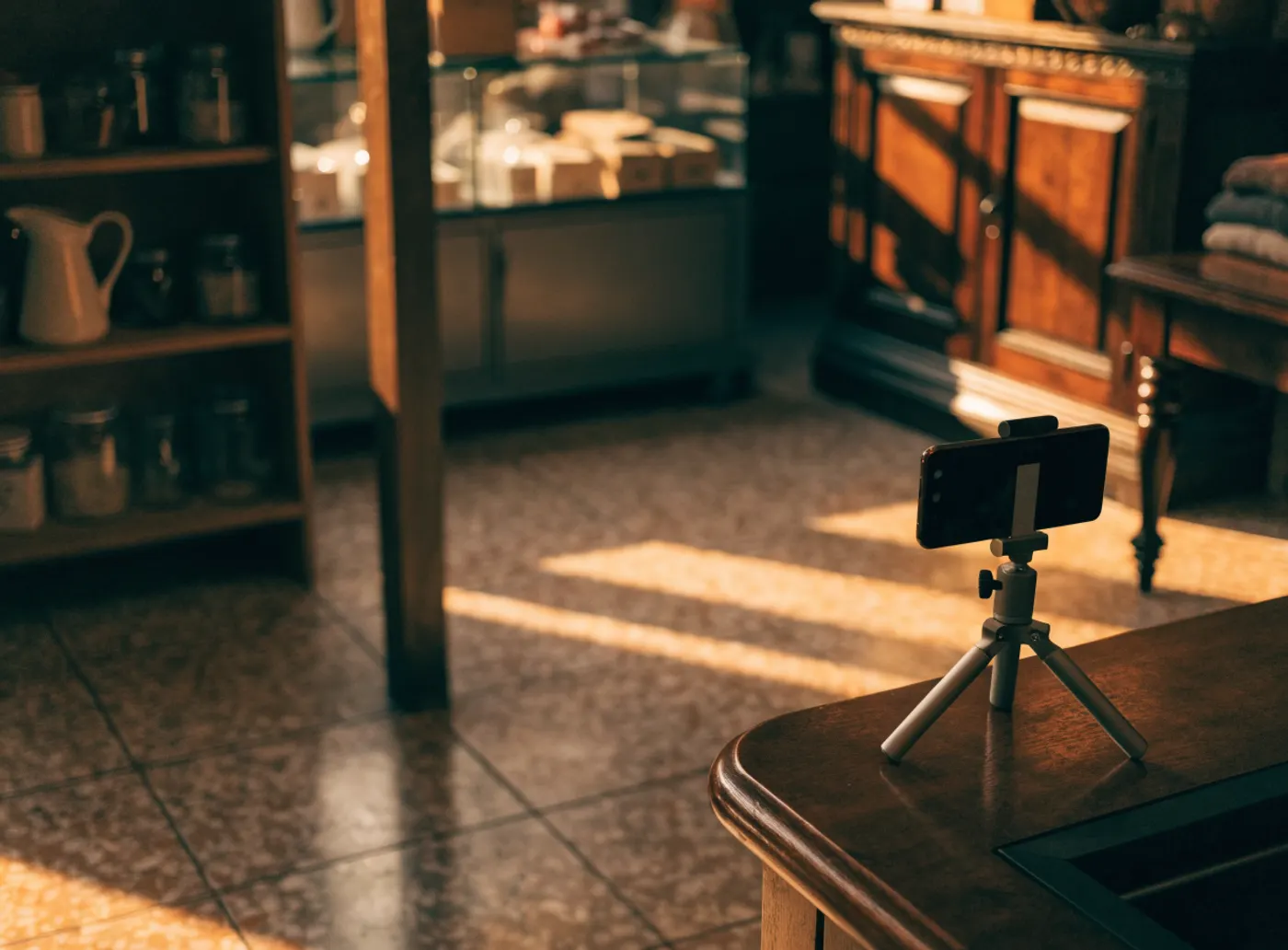 Téléphone sur un trépied photographiant l’intérieur vide d’un petit commerce