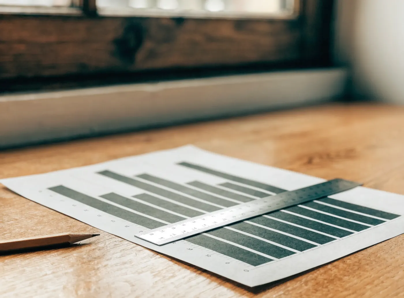 Page imprimée de graphique à barres sur un bureau en bois, avec une règle posée dessus et un crayon