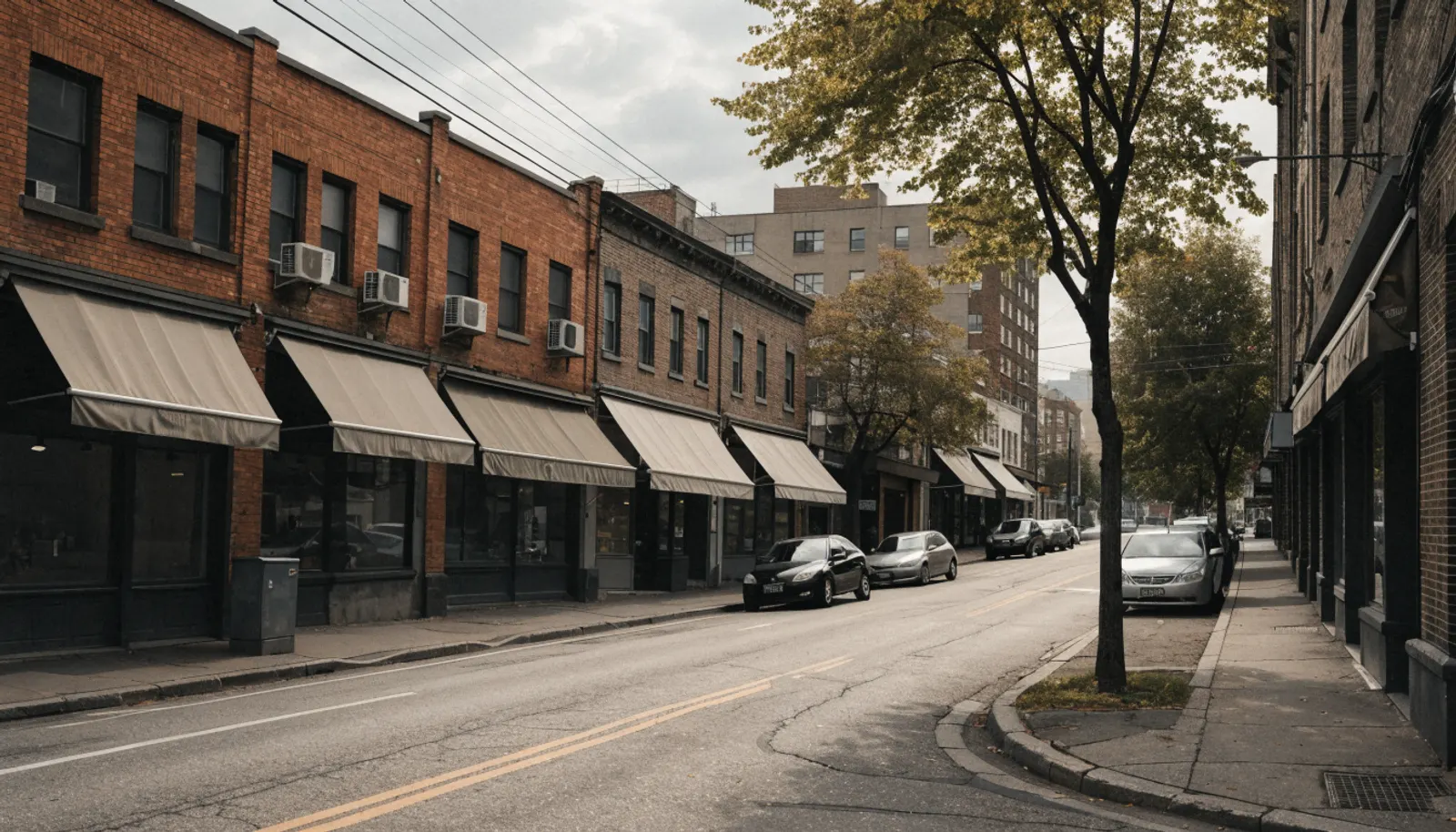 Coin de rue commerciale à Montréal, immeubles de brique avec auvents et petites vitrines, en début d’automne