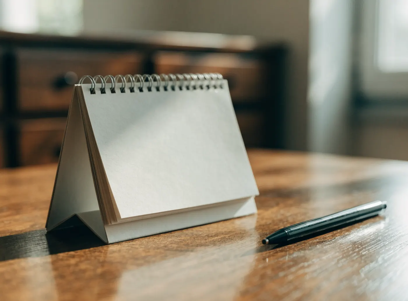 Petit calendrier de bureau vierge posé sur un bureau en bois, à côté d’un stylo