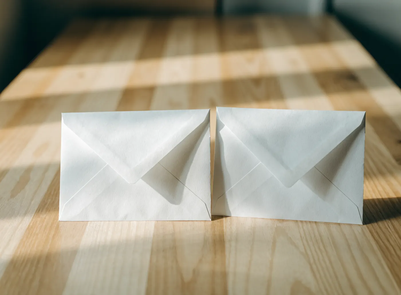 Deux enveloppes blanches identiques posées côte à côte sur une table en bois