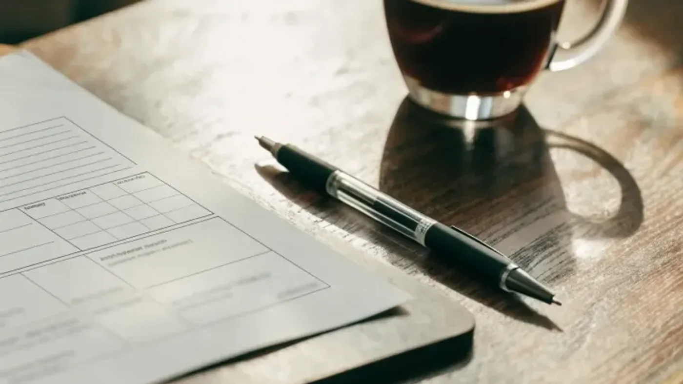 Une soumission papier posée sur un bureau, à côté d’un stylo