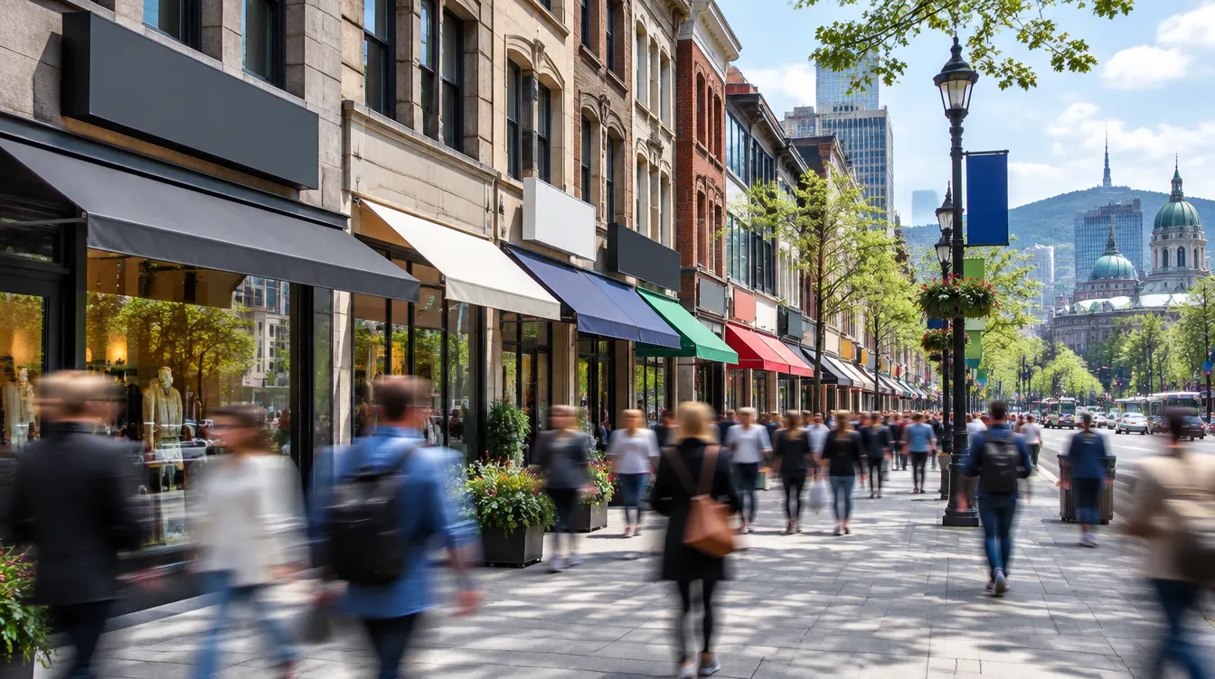 Rue commerciale animée du centre-ville de Montréal, bordée de vitrines
