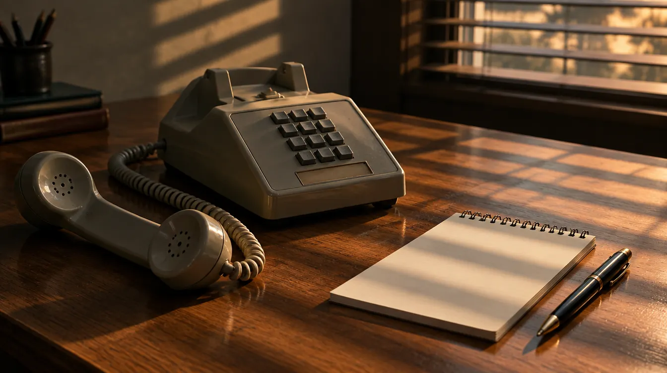 Vieux téléphone de bureau, combiné décroché, à côté d’un bloc-notes