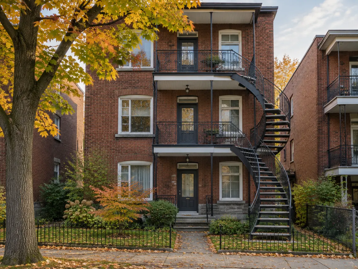 Triplex montréalais avec ses escaliers extérieurs en fer, à Rosemont