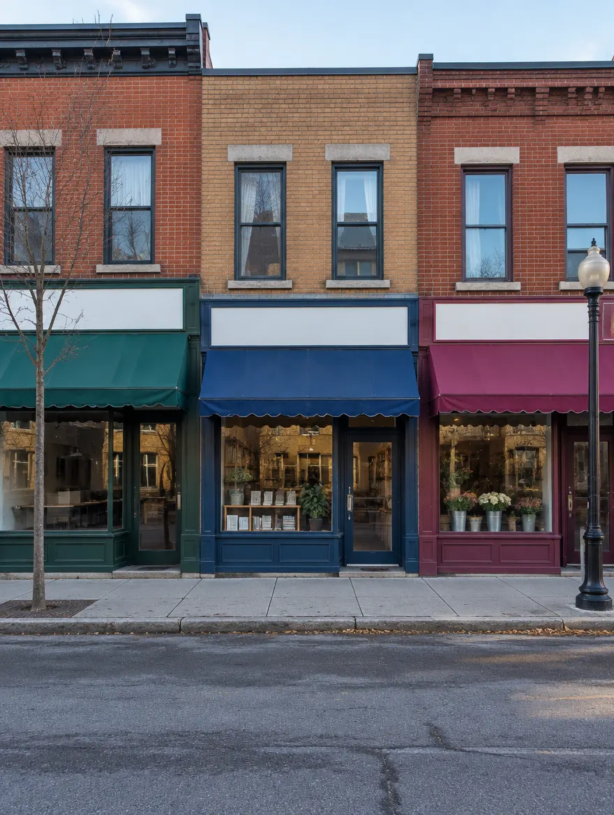 Trois vitrines voisines sur une rue commerçante, auvents de couleur
