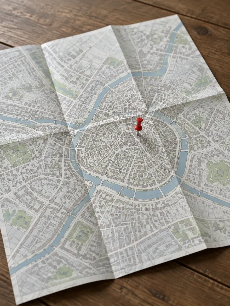 Plan de ville en papier déplié avec une punaise rouge