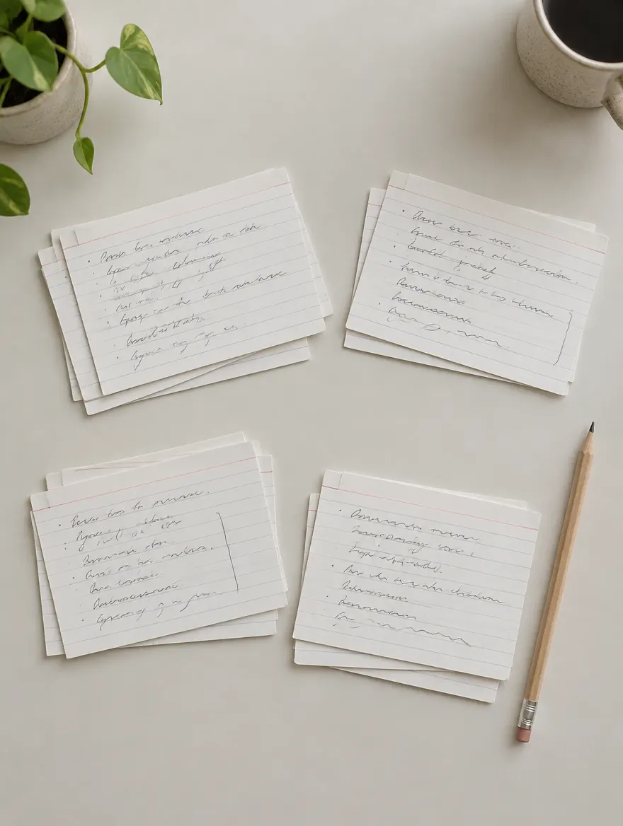 Fiches cartonnées couvertes de notes manuscrites, avec un crayon