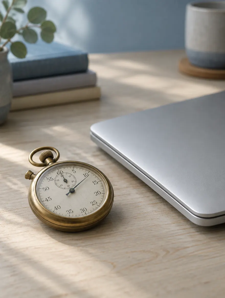 Chronomètre ancien posé à côté d’un portable fermé sur un bureau clair