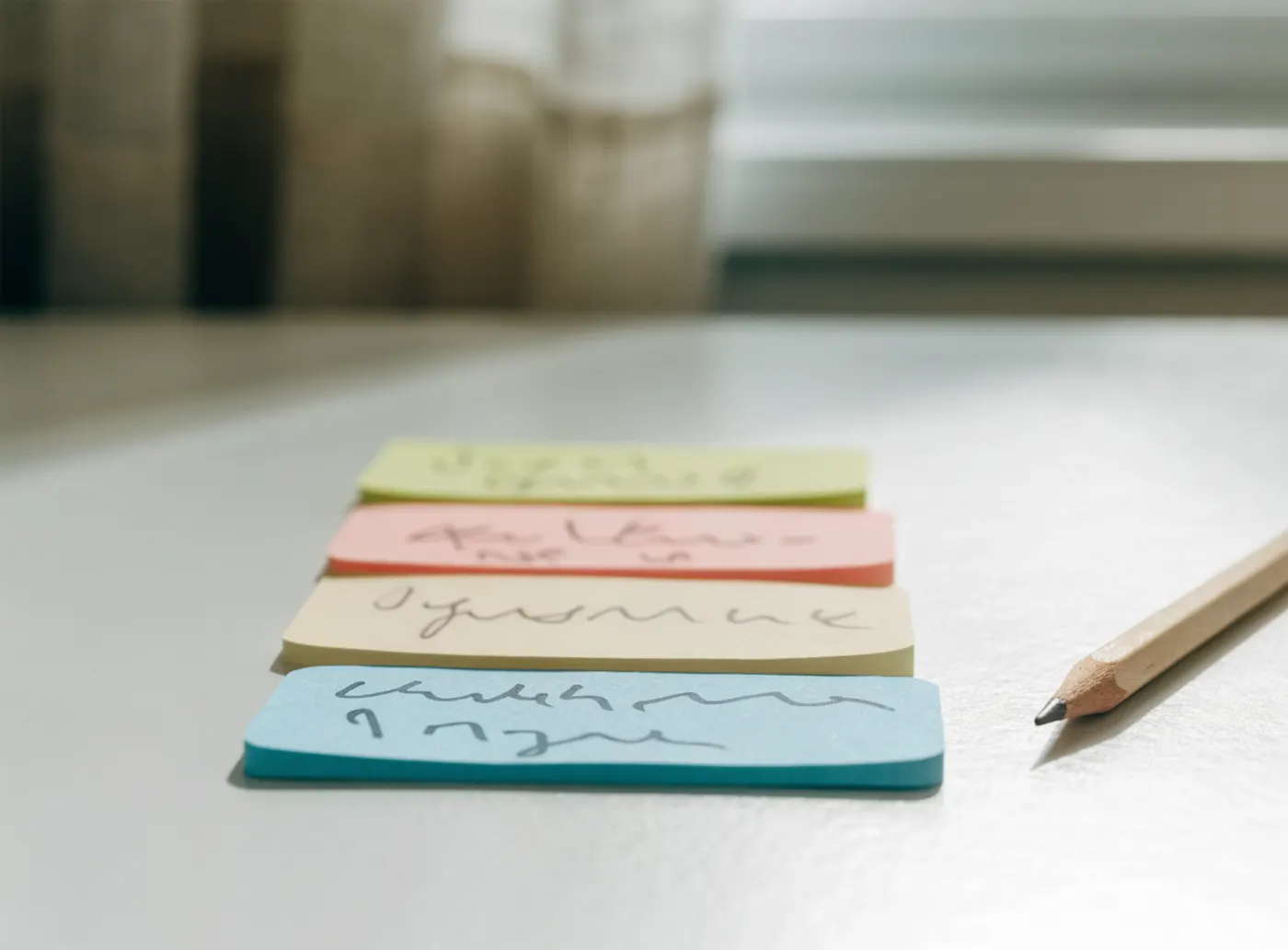 Quatre notes autocollantes de couleur alignées à côté d’un crayon