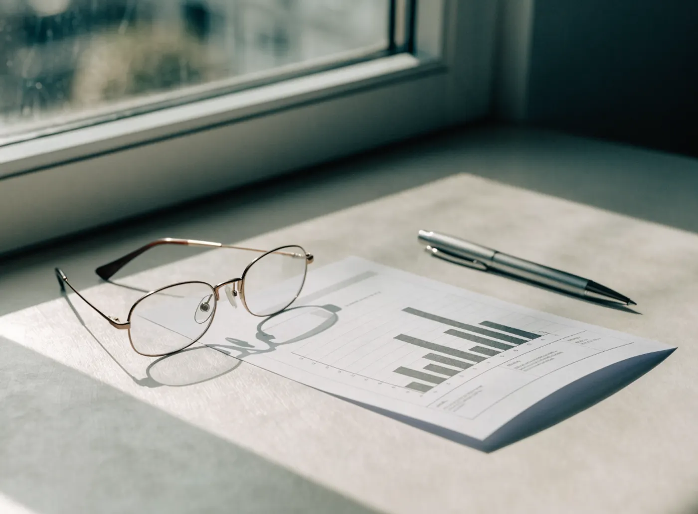 Page de rapport avec un graphique à barres, des lunettes et un stylo sur un bureau