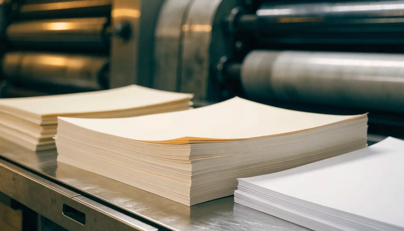Piles de papier vierge sur l’établi d’une petite imprimerie, presse en arrière-plan