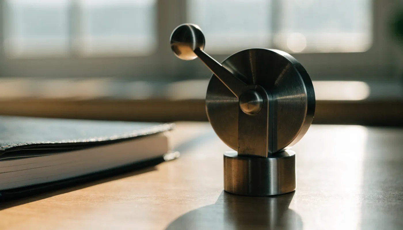 Minuterie mécanique en acier posée sur un bureau clair, à côté d’un carnet fermé