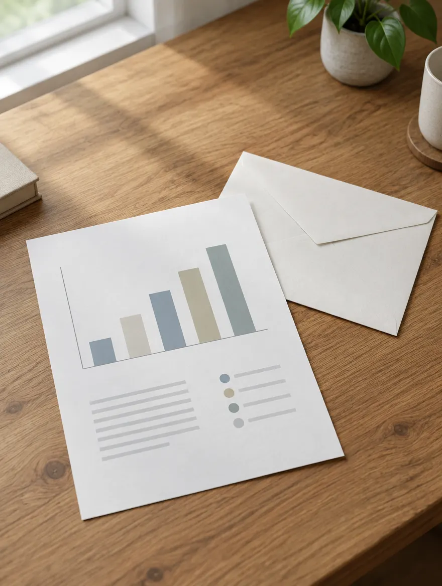 Rapport d’une page et enveloppe sur un bureau en bois