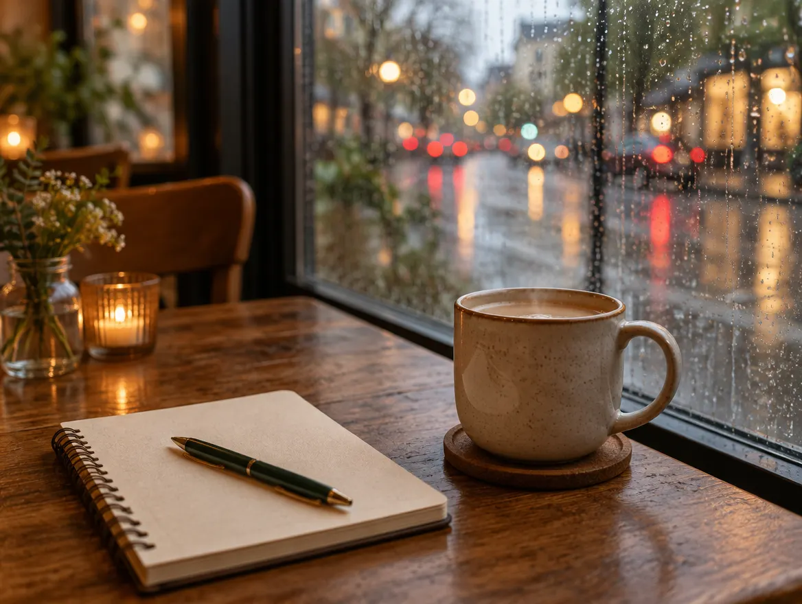Carnet et café sur une table près d’une fenêtre pluvieuse, rue floue au-dehors