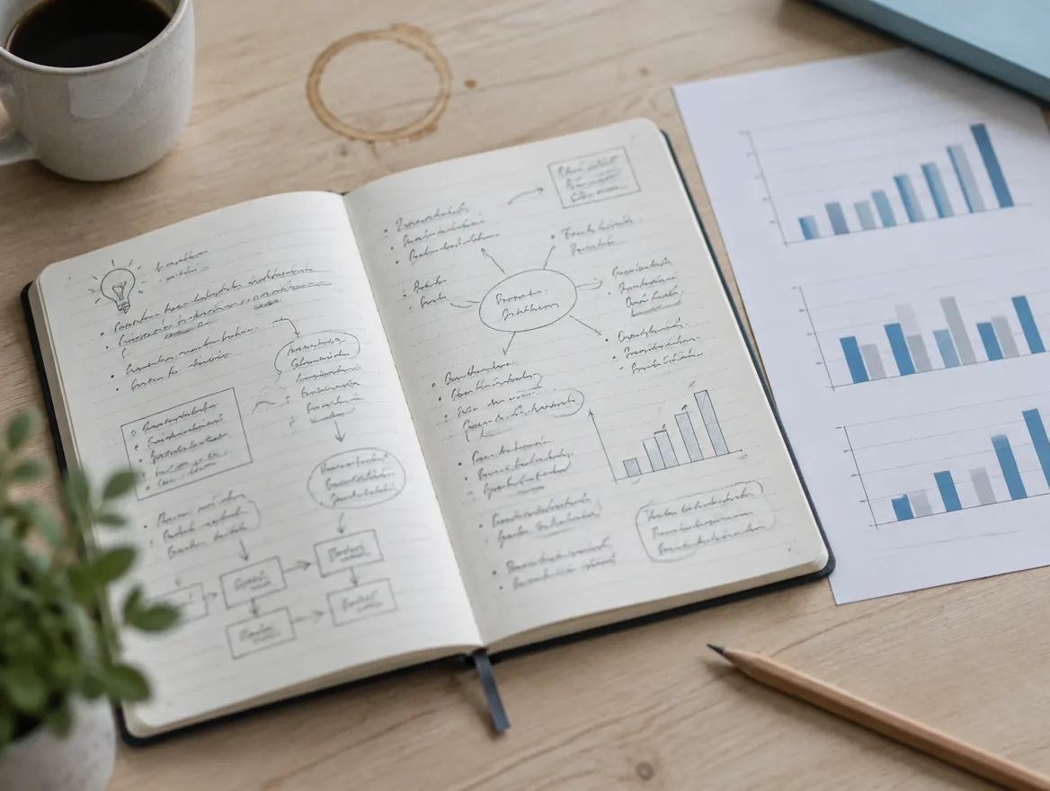 Carnet de notes manuscrites et feuille de graphiques sur un bureau en bois clair