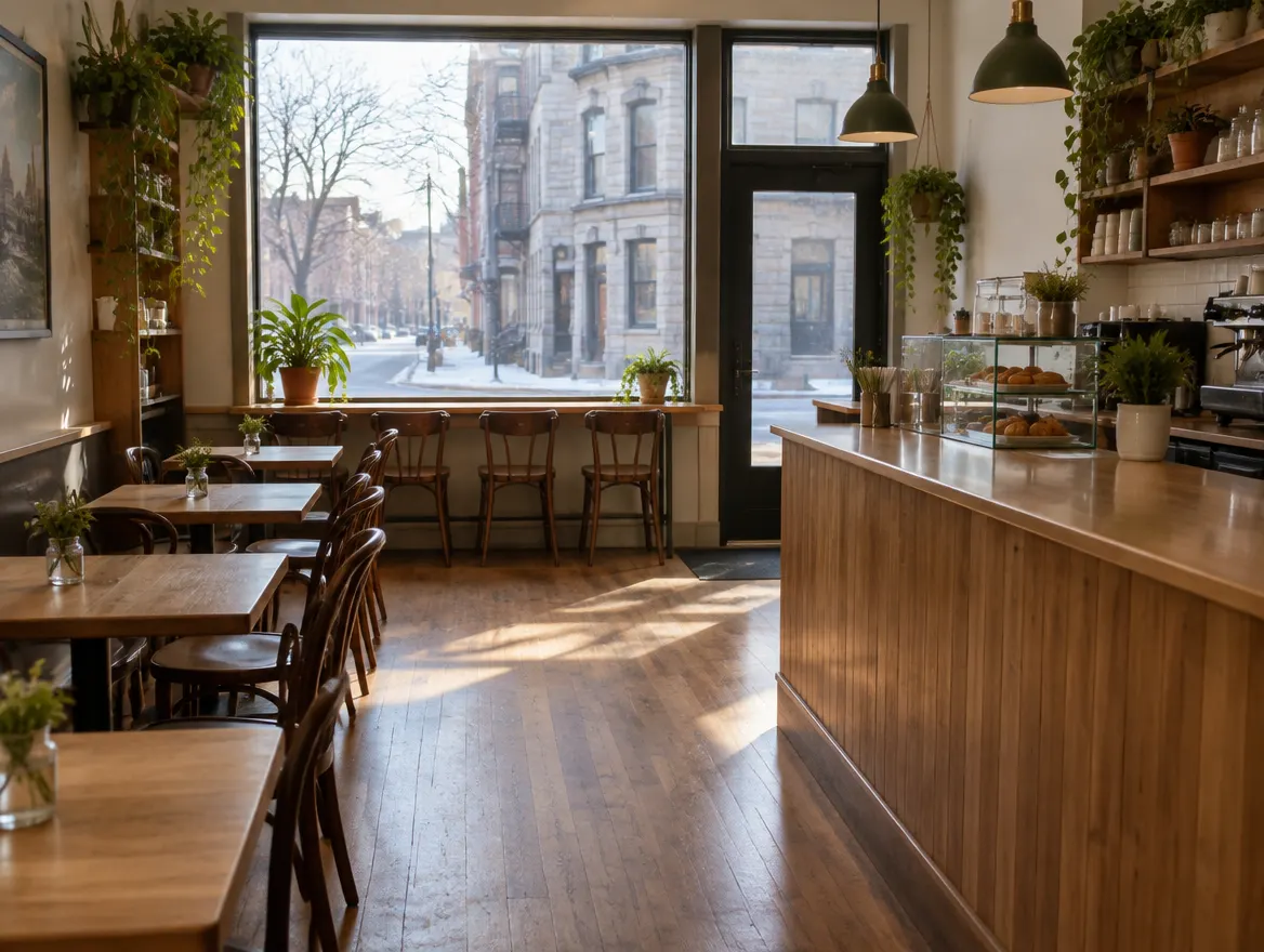 Intérieur d’un café de quartier avant l’ouverture, tables vides et lumière du matin