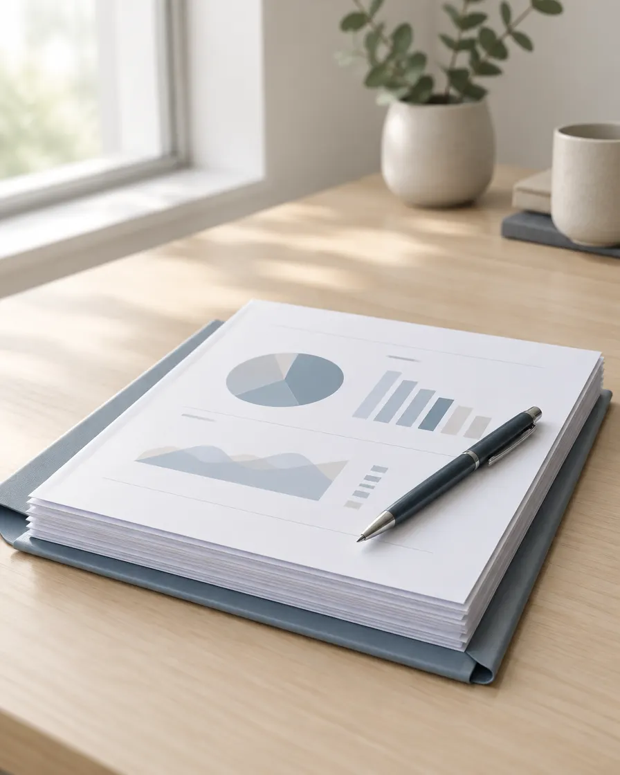 Rapport imprimé et relié posé sur une table, avec un stylo