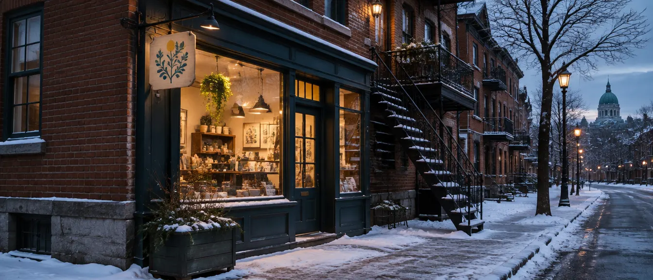 Vitrine d’un petit commerce montréalais à la tombée du jour, escalier extérieur et neige