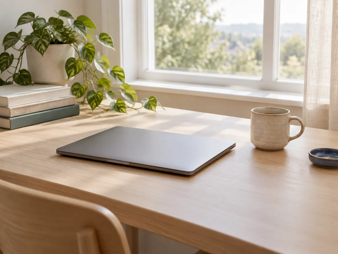Bureau clair et rangé près d’une fenêtre, un portable fermé et une tasse