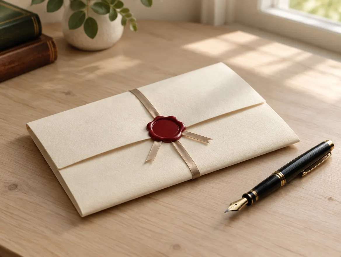 Document plié scellé à la cire rouge sur un bureau, à côté d’un stylo plume