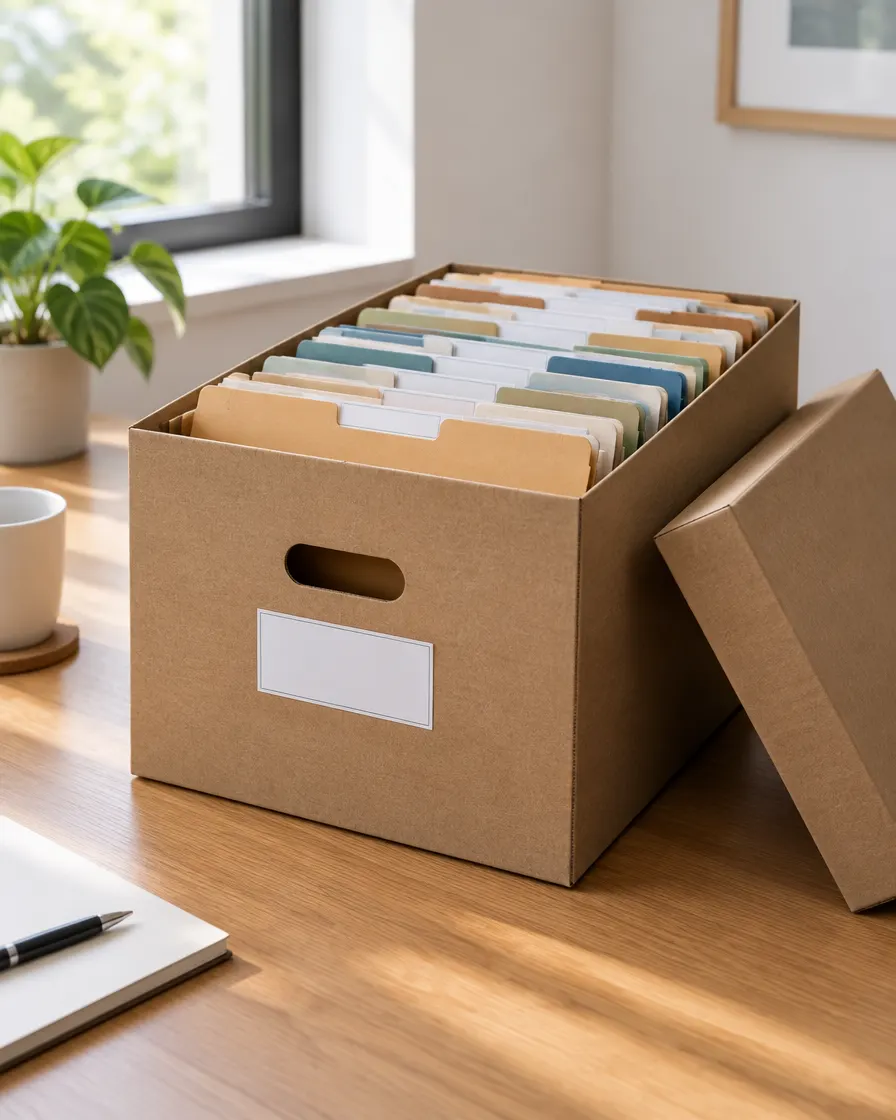 Boîte d’archives remplie de dossiers bien rangés sur un bureau