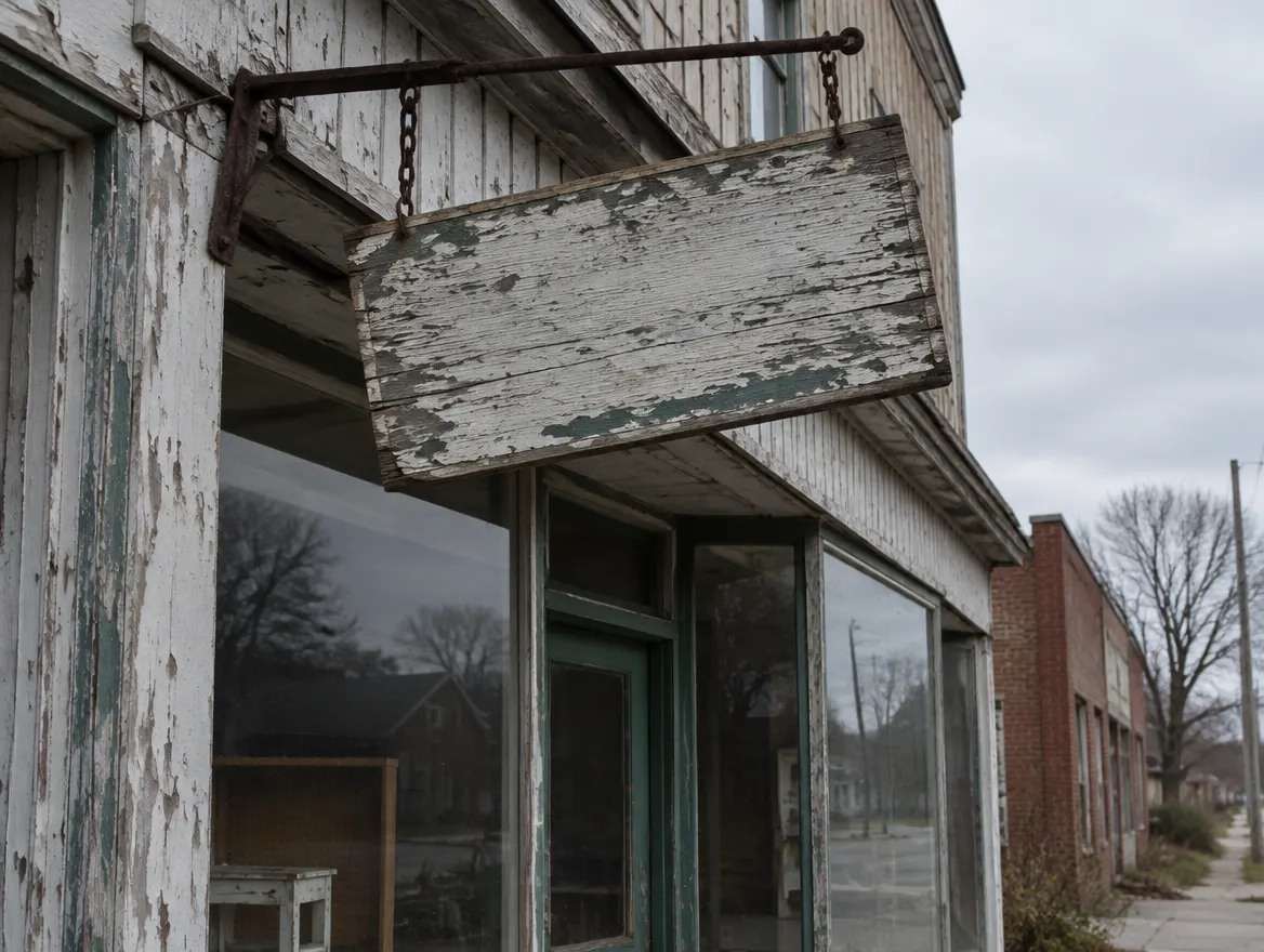 Vieille enseigne de bois usée au-dessus d’une petite vitrine