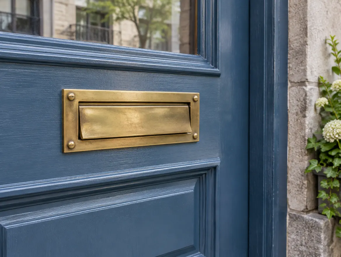 Fente à courrier en laiton dans une porte en bois d’un vieil immeuble montréalais